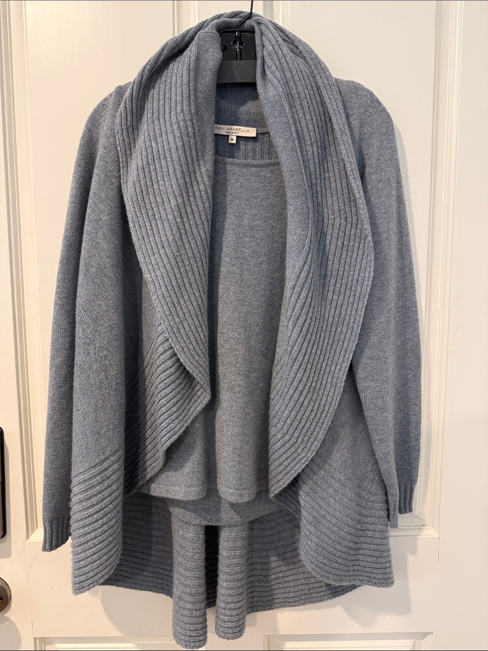 Rani Arabella Light Gray Draped Ribbed 100% Cashmere Cardigan with Tank